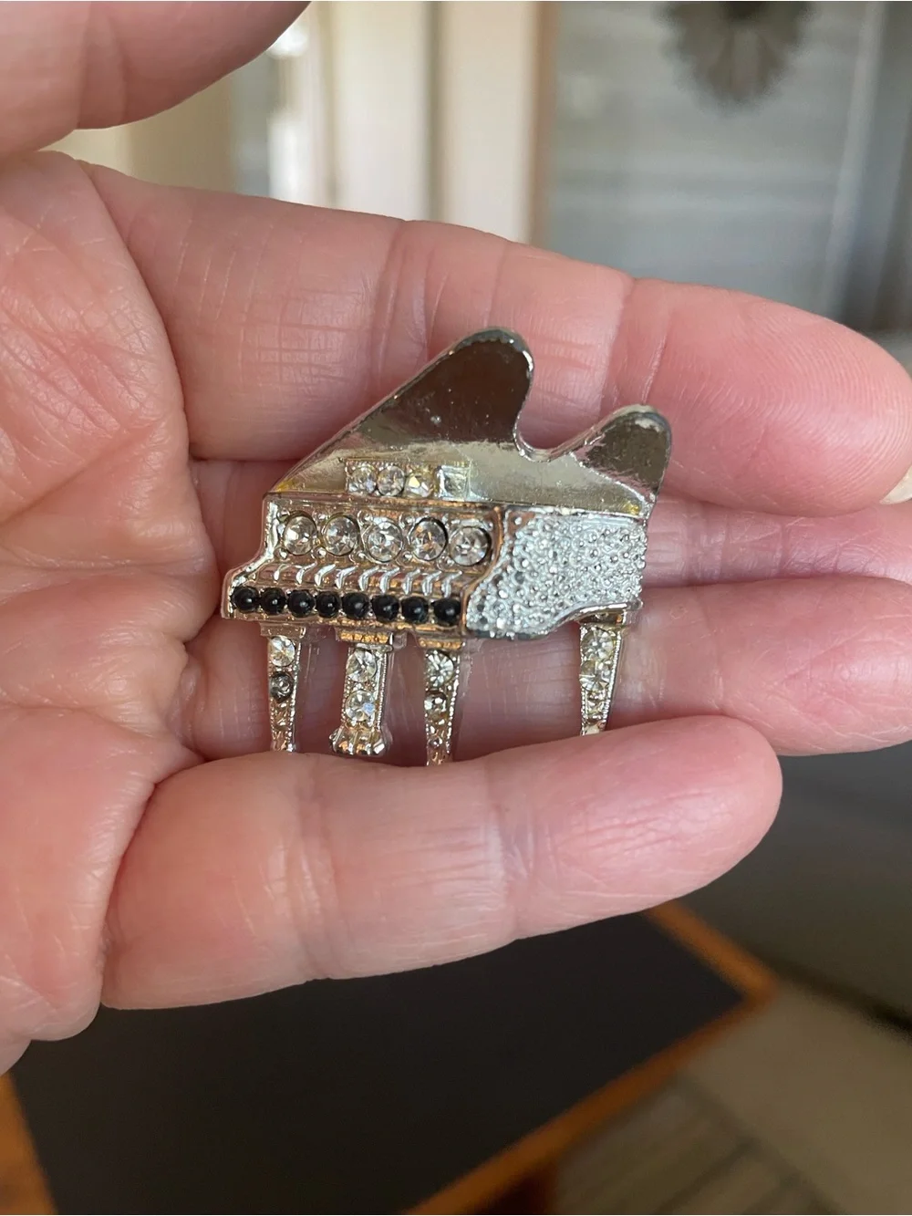 Piano-shaped Rhinestone Brooch - Silver with Black Accents- Unisex